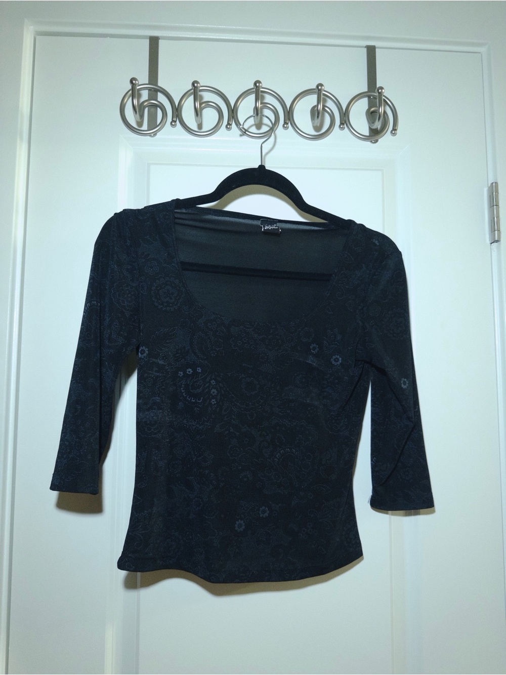 Perseption Black Scoop Neck Long Sleeve Tee with Subtle Paisley